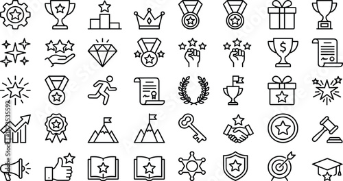 Achievement icon set, black-and-white line symbols, award and success elements, trophy medal certificate illustration, recognition design