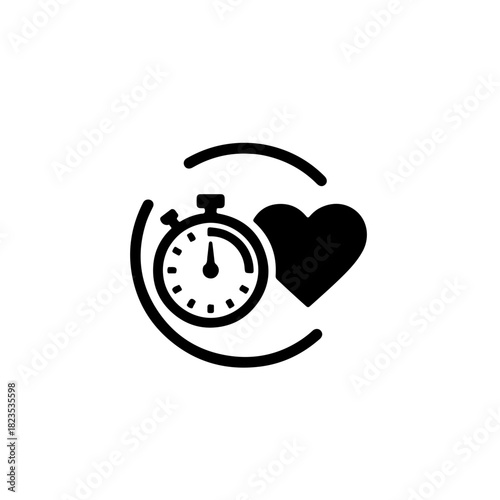 A dynamic icon featuring a stopwatch or clock face interacting with a heart symbol, representing time management for a healthy lifestyle, quick action in cardiac emergencies, and scheduled exercise
