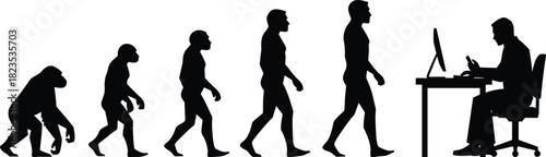 Human evolution silhouette, ape to businessman using computer, technology progress concept, development history, biology stages, black vector illustration, isolated set