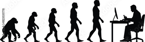 Human evolution silhouette, from ape to man, computer user at desk, progress concept, biological development, history, black vector illustration, technology lifestyle