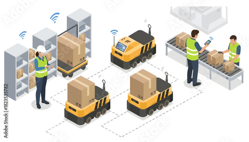 Illustration of warehouse workers managing inventory with automated guided vehicles and shelving units in a modern logistics setting.