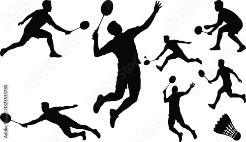 Badminton player silhouette icon set, dynamic sports poses, black athlete illustration, expressive racket movement design
