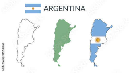 Argentina geographical borders isolated on white background. Flag of Argentina. Vector flat cliparts.
