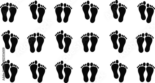 Human footprint silhouette vector set, black bare feet tracks collection, walking steps path, isolated foot trace icons, people traces
