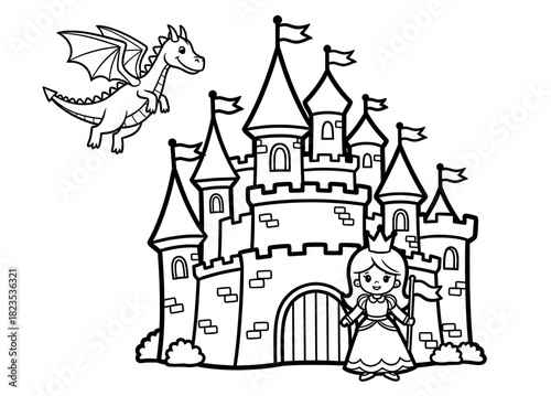 Fantasy castle illustration featuring a princess and a flying dragon, designed for coloring pages, showcasing whimsical elements and imaginative storytelling for children