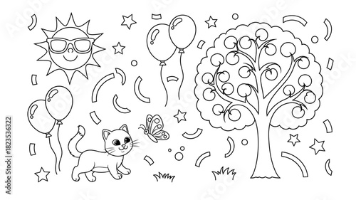 Coloring page featuring a cheerful sun wearing sunglasses, playful cat, balloons, butterfly, and a whimsical tree, perfect for creative expression and relaxation activities