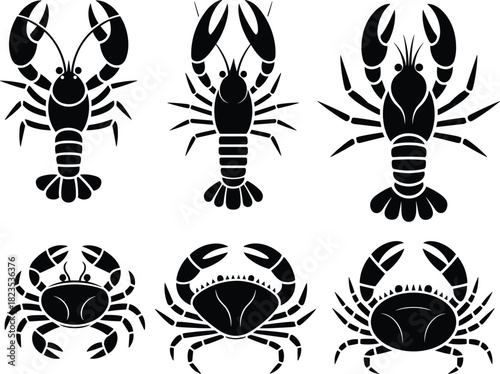 Lobster and crab silhouette vector set, seafood restaurant menu icons, black crustacean illustration, marine life symbols, crayfish design, isolated collection