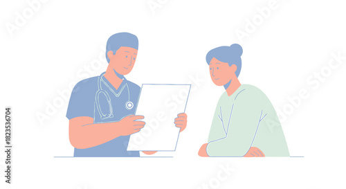Doctor explaining results to patient in consultation room illustration.