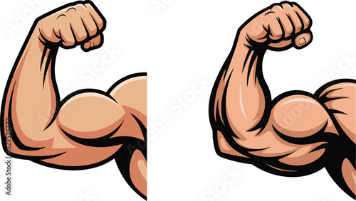 Flexing arm icon, cartoon muscle illustration, strong bicep pose, fitness strength symbol, exaggerated power design element
