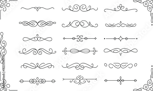 Ornamental flourish icon set, decorative line art elements, vintage corner embellishments, elegant symmetrical design, formal graphic illustration
