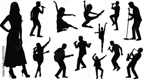 Performing arts silhouette icon set, expressive dancer and musician poses, black figure illustration, artistic entertainment design