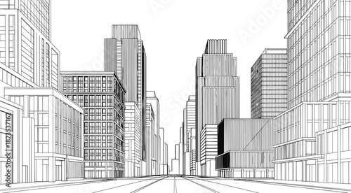 Modern city street line art vector, urban skyline sketch, architectural building perspective, downtown skyscraper illustration, black and white design background