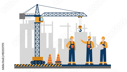 Illustration of construction workers communicating on a site with a crane and cityscape background in a flat graphic style