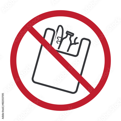 Isolated prohibition sign of a plastic bag filled with groceries, symbolizing restricted bag use and promoting personal reusable shopping bags in regulated areas.