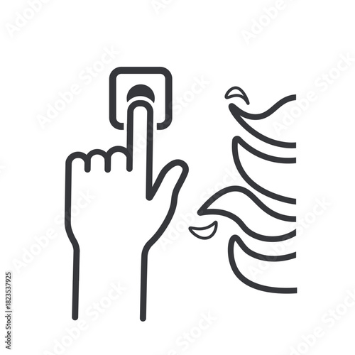 Isolated outline pictogram of a fire call station with a hand pressing the emergency button and flames indicating fire alert activation.