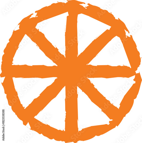Hand-Drawn Orange Wheel Symbol on White Background. Rustic Line Art Mandala Icon for Spiritual and Abstract Designs
