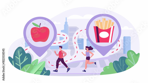 Healthy lifestyle choices versus unhealthy temptations illustrated by runners and food icons in a city landscape