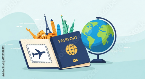 Flat illustration of open passport with airplane stamp, famous world landmark silhouettes, and a globe representing international travel and vacation planning concept