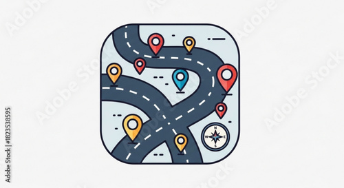Abstract map with winding road network and multiple location pins, representing navigation, travel, and destination finding concept in a modern flat design style