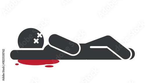 Isolated crime scene pictogram showing a deceased body outline with a blood mark, representing homicide, murder investigation, criminal evidence and forensic warning symbol.