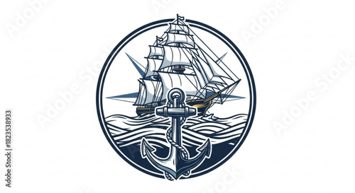 Vintage nautical emblem featuring a detailed sailing ship above ocean wave illustration and a large anchor