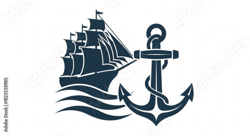 Nautical emblem featuring a stylized sailing ship on wavy water next to a large anchor