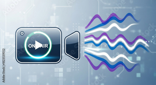 Digital icon representing live broadcast or streaming camera transmitting sound wave signal with glowing on air indicator on abstract background