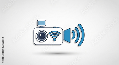 Simple icon of a video camera broadcasting live stream or recording with wifi signal transmission