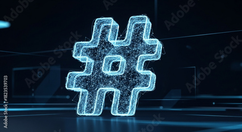Glowing blue digital hashtag symbol made of particles and light, representing social media, trending topic, or internet connectivity in a futuristic dark environment
