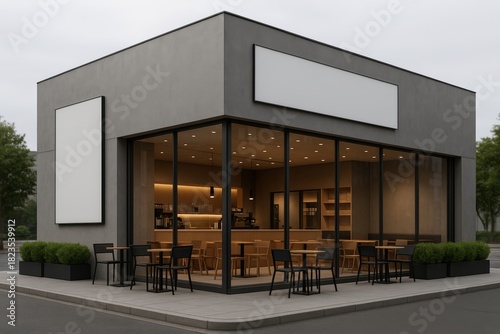 Modern coffee shop exterior with large blank signage and poster mock up for branding and advertising on urban street corner during overcast day. Ai generative
