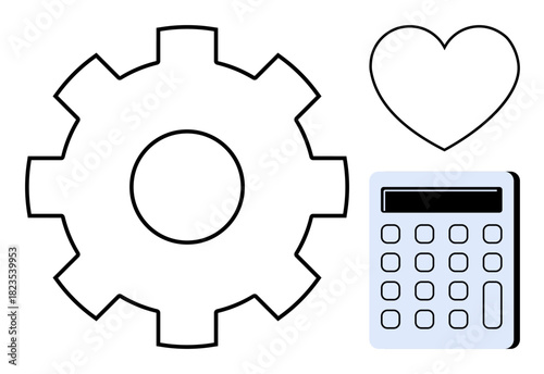 Gear symbolizing work, heart representing care, and calculator for calculation. Ideal for teamwork, engineering, logic, problem-solving, emotional intelligence, productivity simple flat metaphor