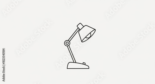Simple black and white line art icon of an adjustable desk lamp with a conical shade, light background for easy use