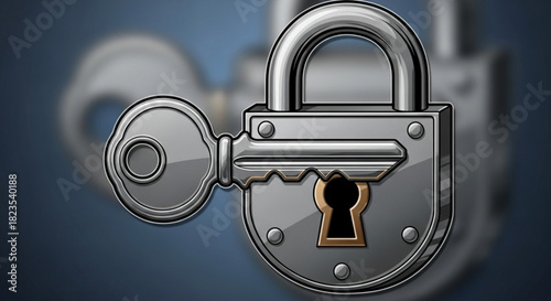 Close up of a shiny silver padlock with a key inserted into the keyhole against a blurred background suggesting security and access concept