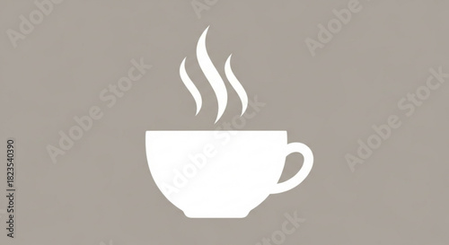 Simple white silhouette icon of a steaming hot beverage cup or mug centered against a solid muted taupe background, representing coffee or tea break time