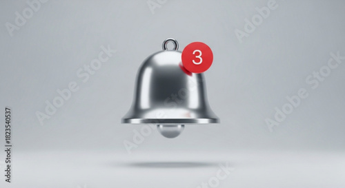 3d render of a metallic notification bell icon with a red circle badge showing the number three, symbolizing alerts or updates