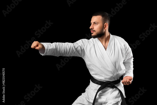 Young man practicing karate...