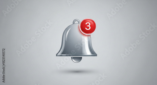 Realistic 3d render of a silver notification bell icon with a red badge showing the number three, light gray background