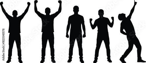 Set of black male silhouettes celebrating success with raised arms and victory poses, isolated vector illustration for winning design concepts