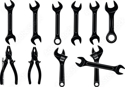 Set of black silhouette tools including wrenches, spanners, and pliers, vector illustration for repair and mechanic service