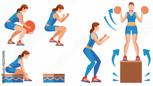 Woman performing various strength training exercises including squats and box jumps