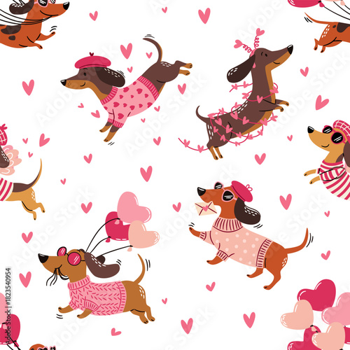 Seamless vector pattern in a simple childlike style on a white background. Cute dachshunds wearing sunglasses, pink clothes, and holding heart-shaped balloons. . Vector illustration