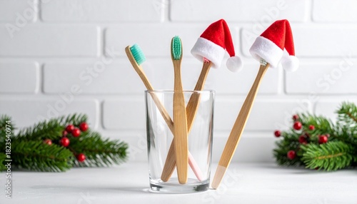 Bamboo toothbrushes with Santa hats in glass cup surrounded by festive decor on white brick background.