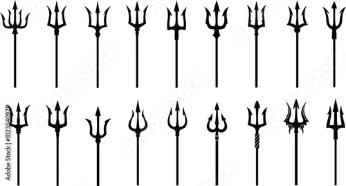 Set of black trident silhouettes, three pronged spear collection, Poseidon and devil pitchfork weapon vector icons, isolated on white background