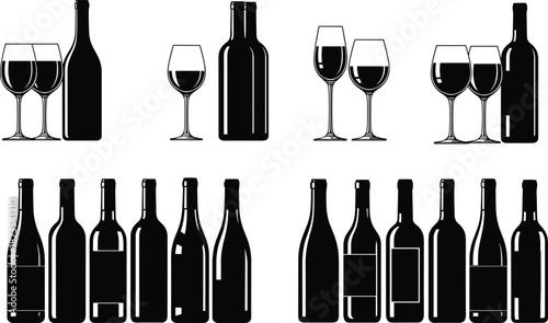 Set of black wine bottle and glass silhouettes, vector alcohol drink icons for restaurant menu and bar logo design