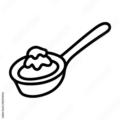 Simple outline illustration of a kitchen spoon holding a dollop of creamy sauce, perfect for culinary concepts, serving ingredients, or tasting prepared dishes