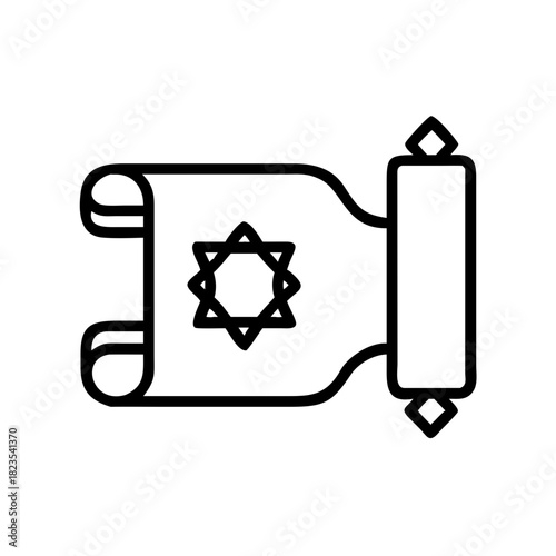 Minimalist outline icon of a holy Torah scroll with a Star of David, symbolizing Jewish religion and scripture