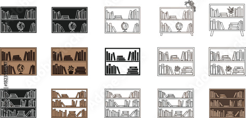 Set of bookshelf icons, library furniture vector collection with books and plants, flat and outline styles isolated on white