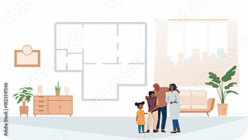 Diverse family stands in a modern apartment with a blueprint overlay and city view symbolizing home ownership and future living spaces