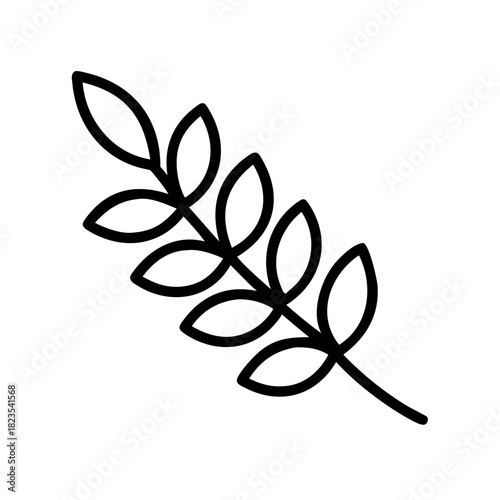 Monochrome botanical line art icon depicting a simple leafy sprig, representing organic and natural themes