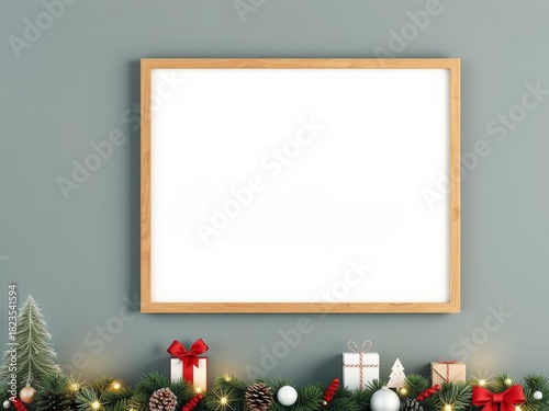 Blank wooden frame with christmas garland and festive decor.